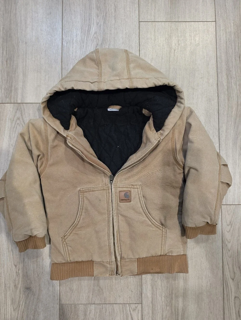 Carhartt Kids Size 7 Tan Duck Canvas Hooded Jacket Quilted Lined Workwear